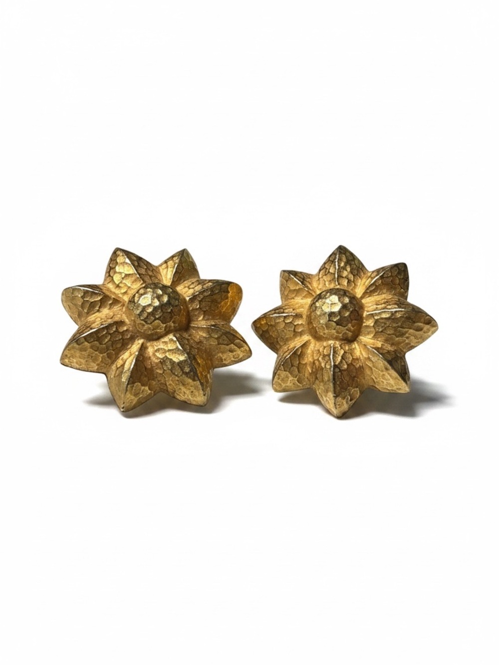 Vintage Givenchy Gold Tone Hammered Flower Clip Earrings Textured Floral